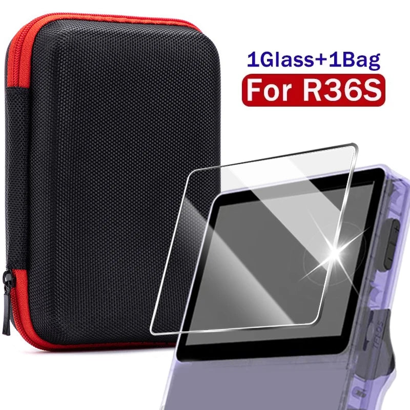 Kit 4 em 1: Capa + Película de Vidro para Console de Jogos R36S, Bolsa de Transporte com Cordão, Protetor de Tela e Película de Vidro Temperado para R36S