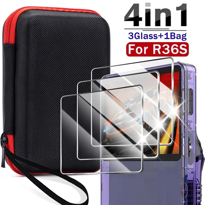 Kit 4 em 1: Capa + Película de Vidro para Console de Jogos R36S, Bolsa de Transporte com Cordão, Protetor de Tela e Película de Vidro Temperado para R36S