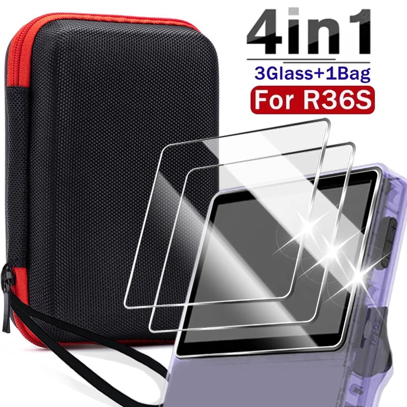 Kit 4 em 1: Capa + Película de Vidro para Console de Jogos R36S, Bolsa de Transporte com Cordão, Protetor de Tela e Película de Vidro Temperado para R36S