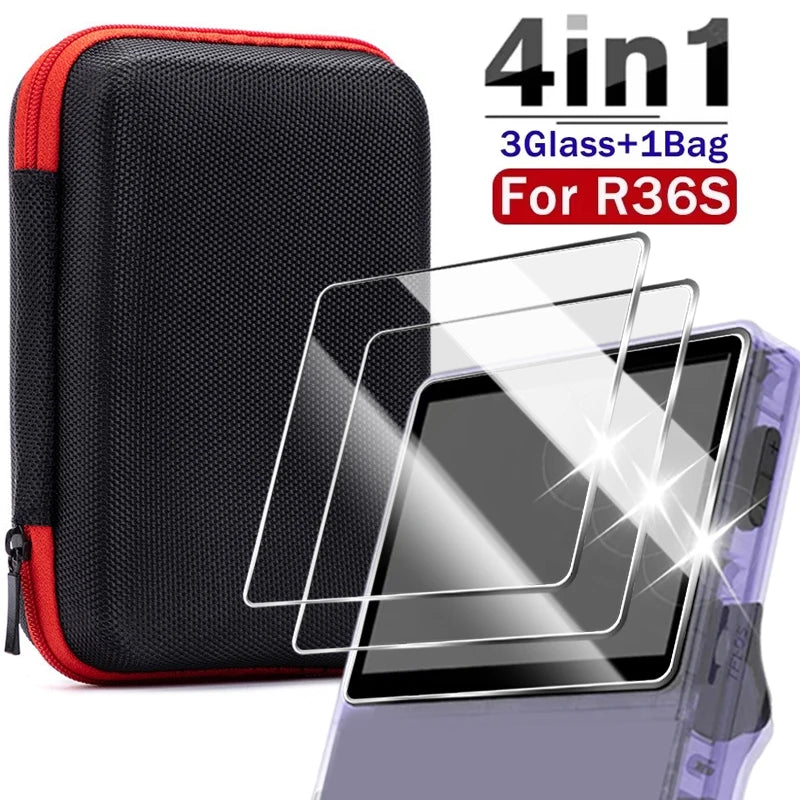 Kit 4 em 1: Capa + Película de Vidro para Console de Jogos R36S, Bolsa de Transporte com Cordão, Protetor de Tela e Película de Vidro Temperado para R36S