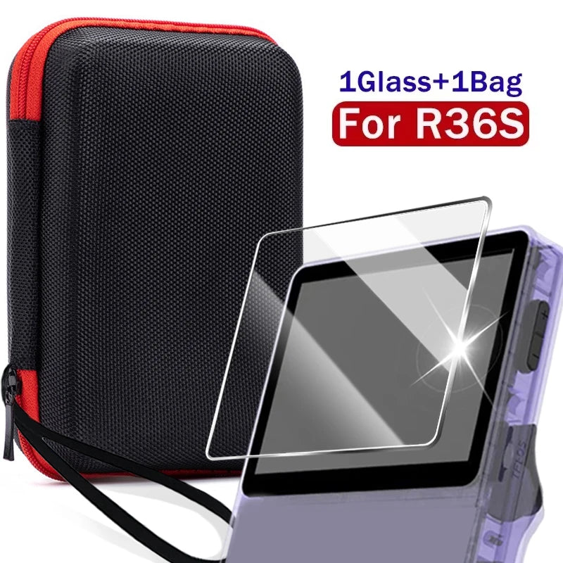 Kit 4 em 1: Capa + Película de Vidro para Console de Jogos R36S, Bolsa de Transporte com Cordão, Protetor de Tela e Película de Vidro Temperado para R36S
